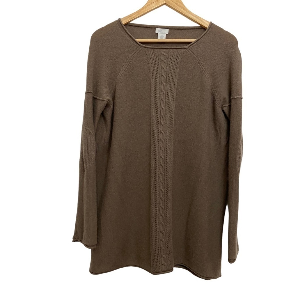Oats Cashmere knit sweater tan beige  cable front style long sleeves medium